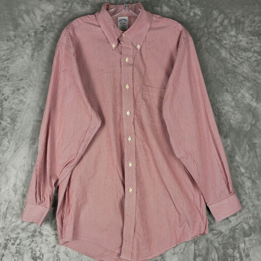 Brooks Brothers Mens Slim Fit Striped Button Down Shirt Red White 16.5 33 Cotton